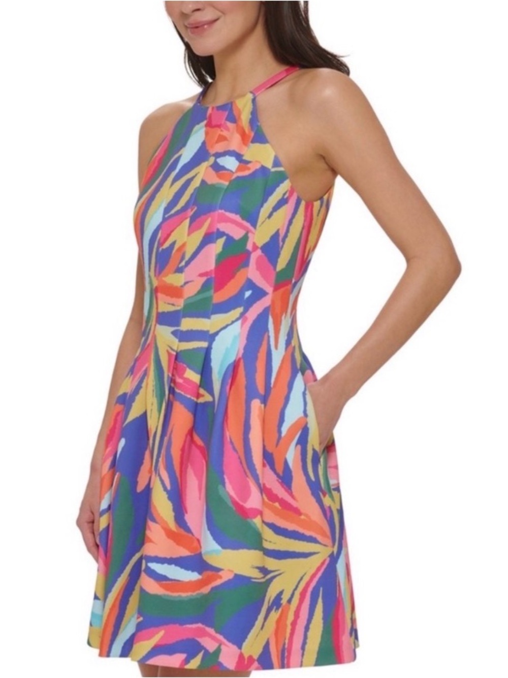 Women's Vince Camuto Sleeveless Multi Colorful Halter Fit Flare Dress Size 8